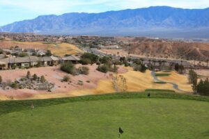 An overlook of Mesquite under a blue sky