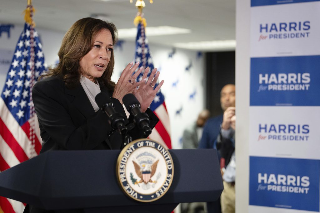 Vice President Kamala Harris speaks at her campaign headquarters in Wilmington, Del., Monday, July 22, 2024. (Erin Schaff/The New York Times via AP, Pool)