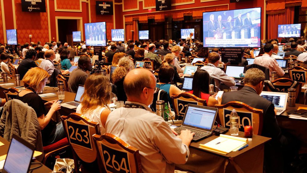 Democratic presidential debate press filing room where media filing news stories for 2016 Presidential Election, Wynn, Las Vegas, NV.