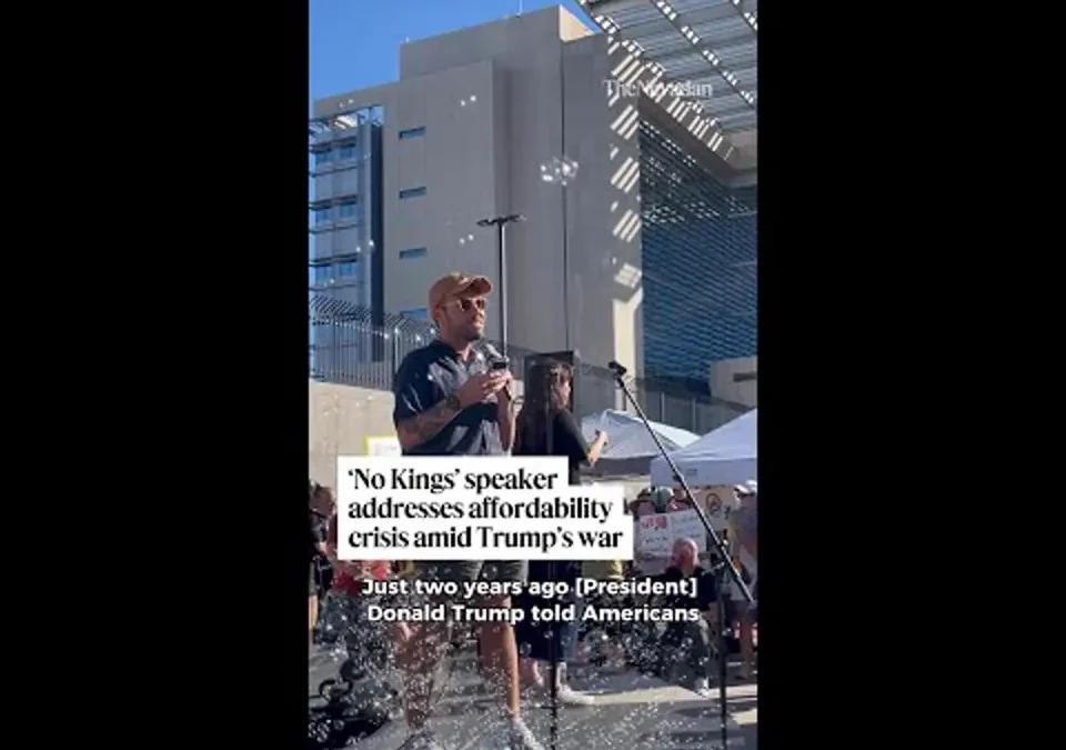 ‘No Kings’ speaker addresses affordability crisis amid Trump’s war