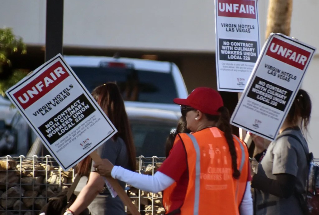 Culinary Union workers picket at Virgin Hotels, demanding better pay