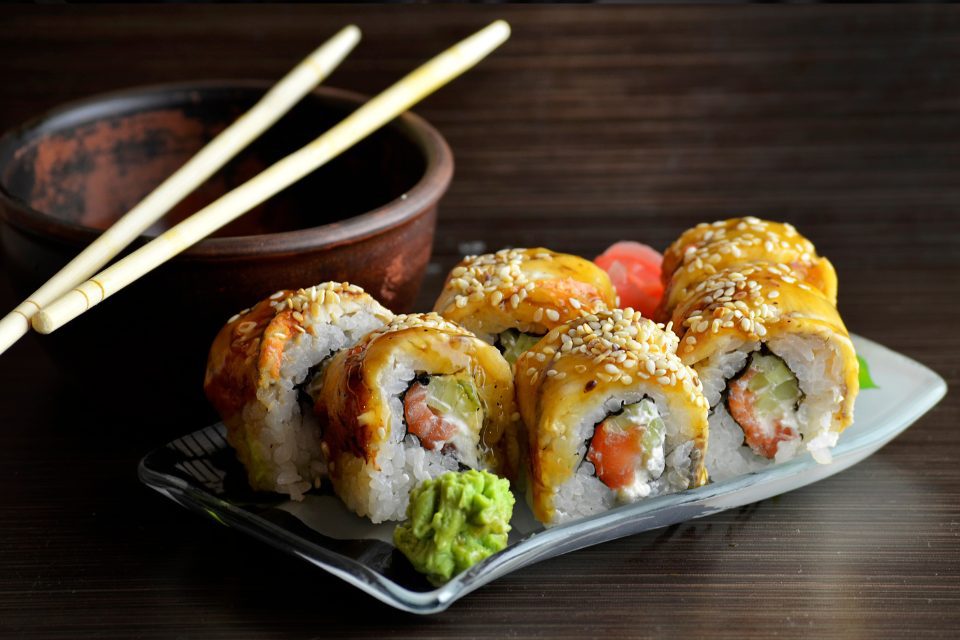 A plate of nigiri rolls.