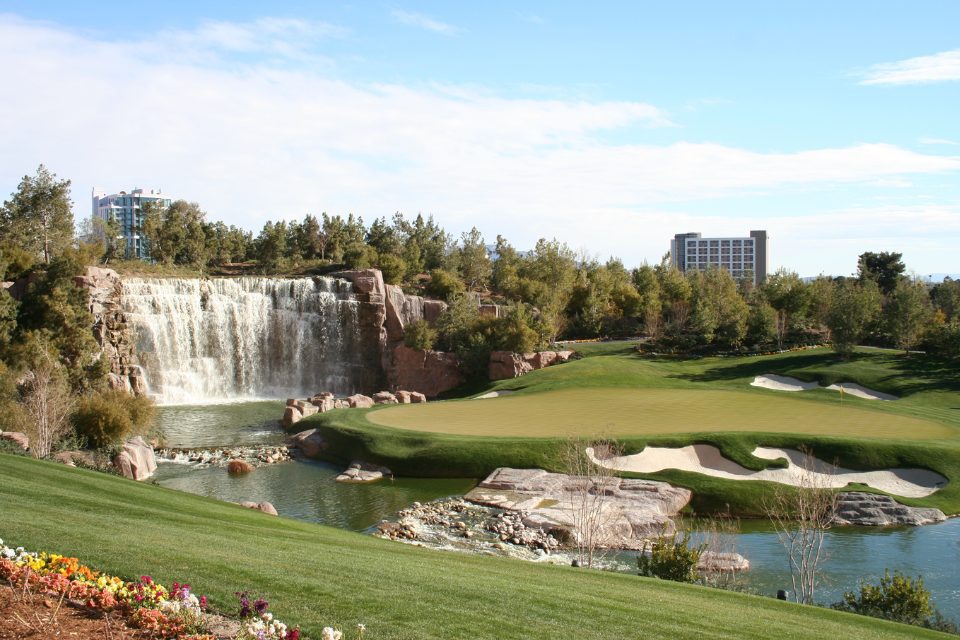 A view of the waterfall at the Wynn Golf Club