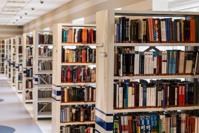 A row of library shelves lined with colorful books.