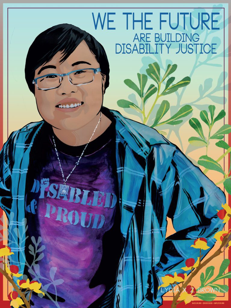Artwork depicting a smiling person with a "disabled and proud" shirt for the We The Future campaign.