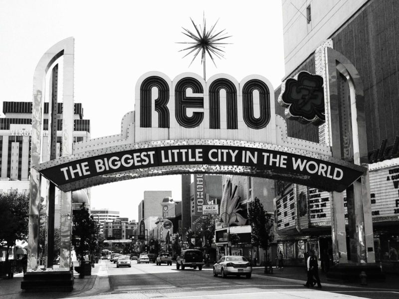 Black and white photo of Reno sign.