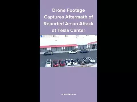 Drone Footage Captures Aftermath of Reported Arson Attack at Tesla Center