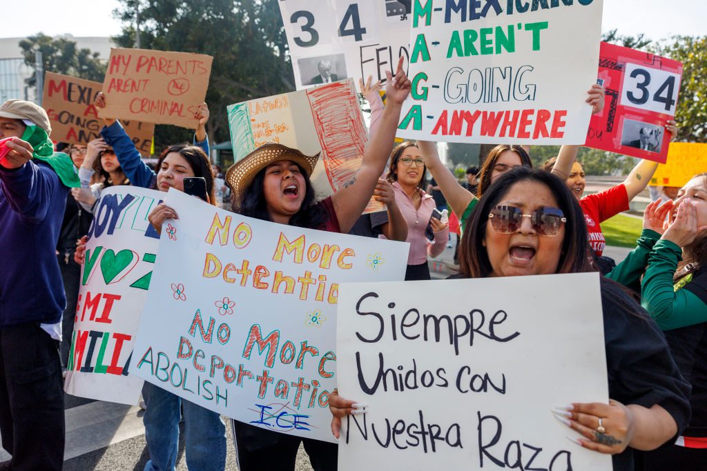 FEBRUARY 3, 2025: Demonstrators block parts of Santa Ana Boulevard to protest Trump's immigration policies on February 3, 2025 in Santa Ana, California.