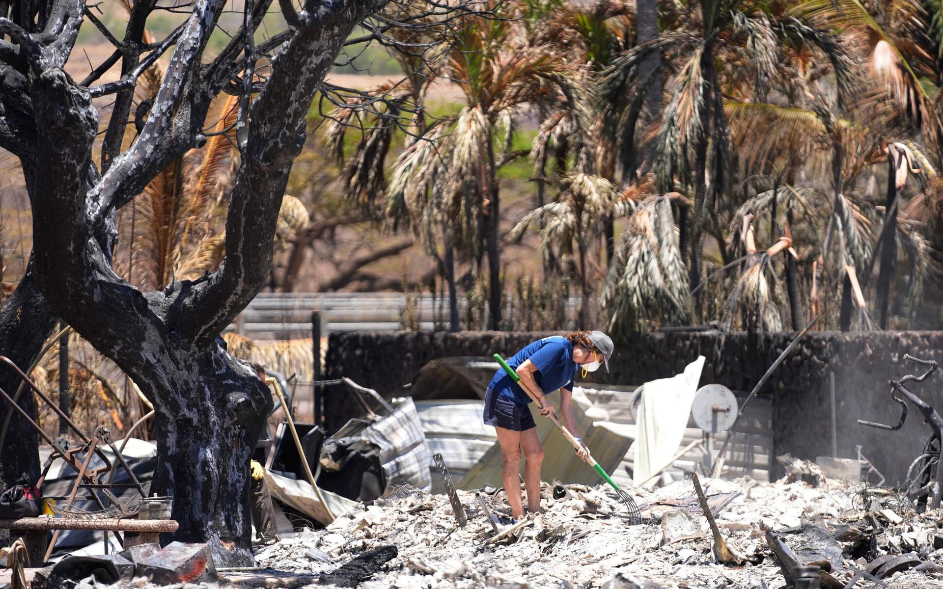 A woman digs through rubble of a home destroyed by a wildfire on Aug. 11, 2023, in Lahaina, Hawaii. (AP Photo/Rick Bowmer, File)