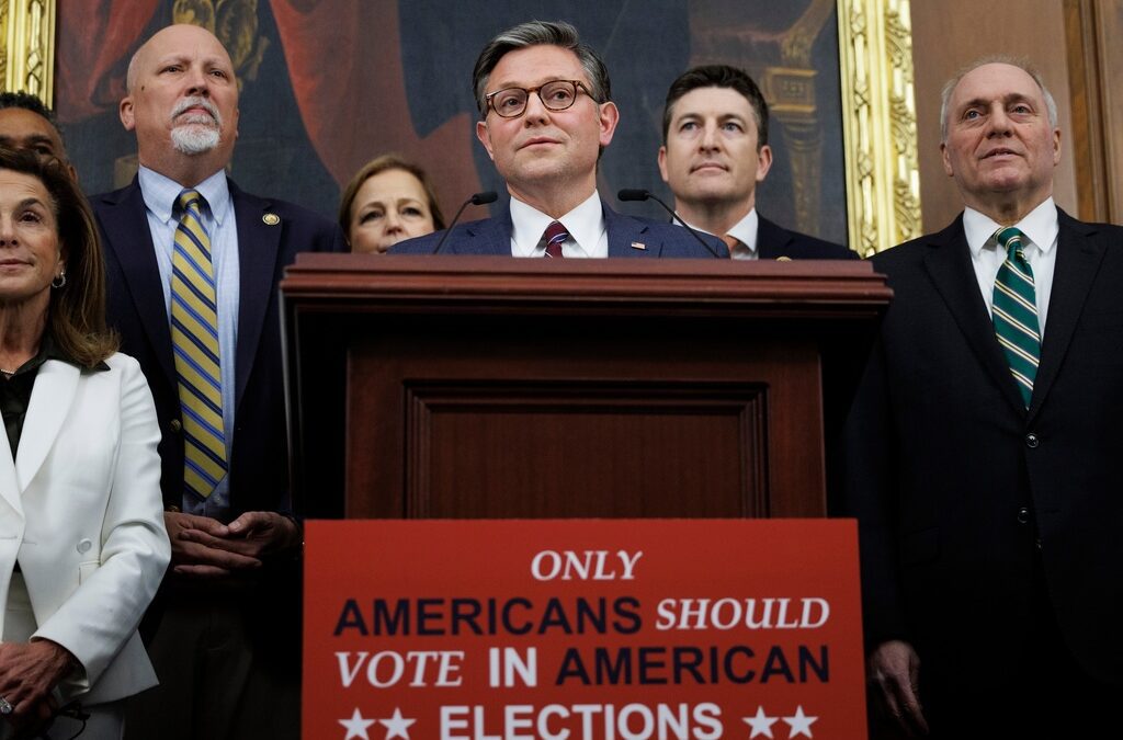 House Speaker Mike Johnson, R-La., joined by Republican leadership and supporters, speaks to reporters on the SAVE America Act on Capitol Hill in Washington, Wednesday, Feb. 11, 2026, in Washington. (AP Photo/Tom Brenner)