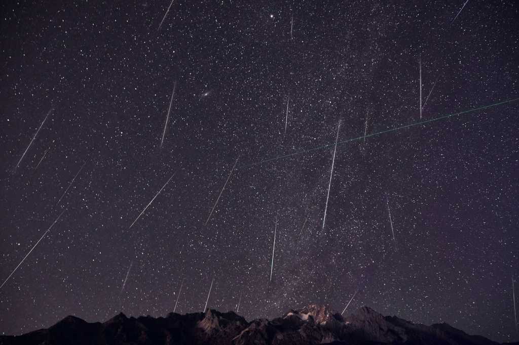 A meteor shower event visible to the naked eye. Other celestial events include moon phases, eclipses, and elongations of planets.