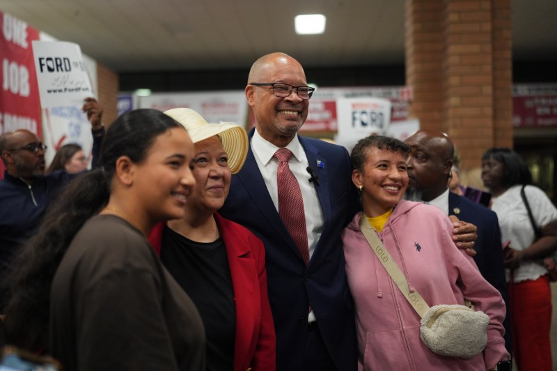 Nevada Attorney General Aaron Ford poses with supporters after winning the Democratic primary election.