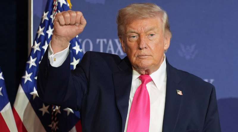 President Donald Trump gestures after a roundtable event about no tax on tips, Thursday, April 16, 2026, in Las Vegas. (AP Photo/Alex Brandon)