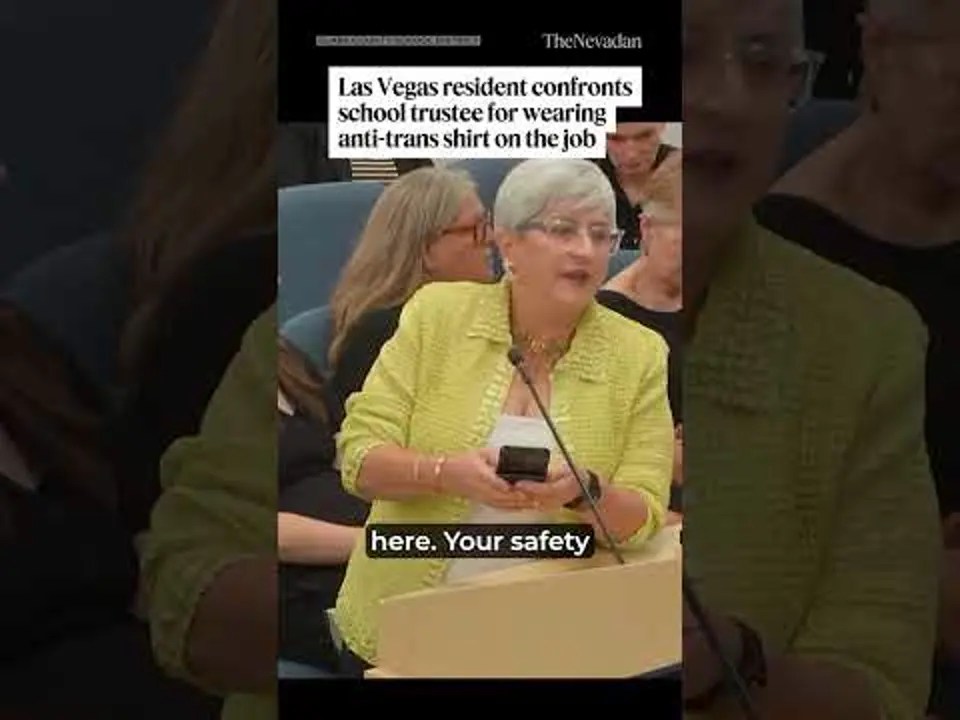 Las Vegas resident confronts school trustee for wearing anti-trans shirt on the job