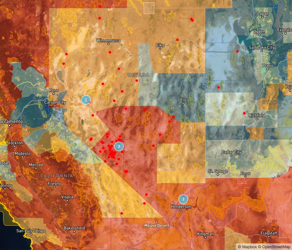 Red dots show lithium projects from our dataset, including proposed, developing and operating mines. Blue dots show sites detected by an algorithm trained to identify features that resemble lithium operations. These detections can help identify discrepancies with public records or uncover unreported activity, but it’s imperfect, so use with caution.