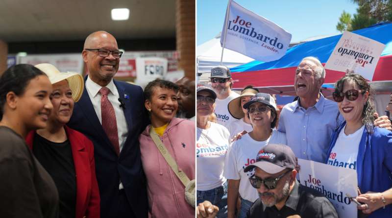 Attorney General Aaron Ford and Gov. Joe Lombardo with constituents at separate campaign events.