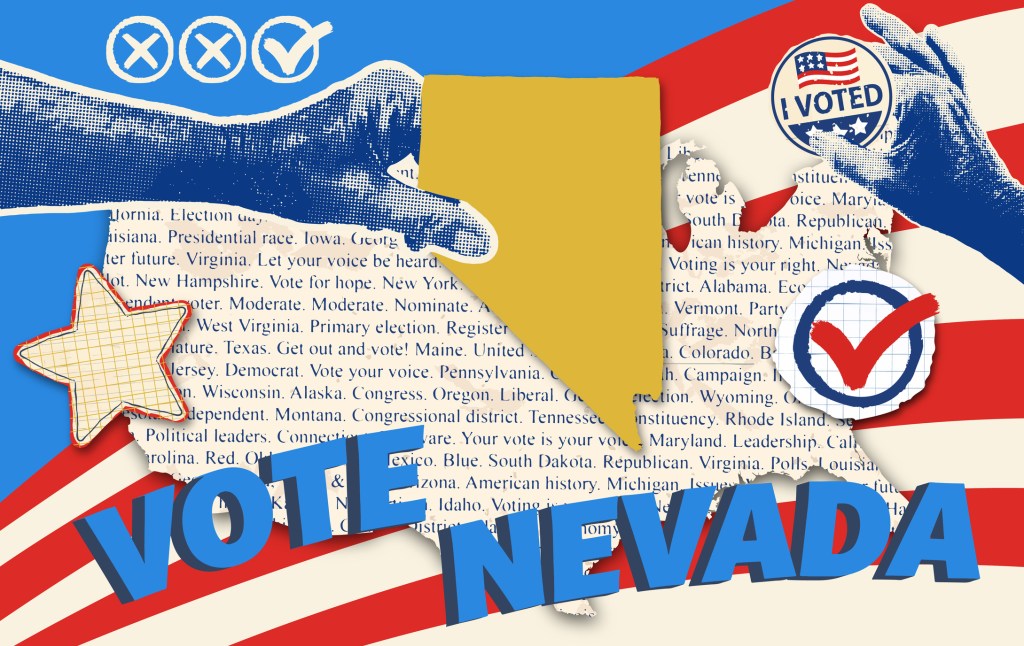 Vote Nevada graphic featuring the state’s outline, an “I Voted” sticker, checkmarks, and red, white, and blue election-themed illustrations.